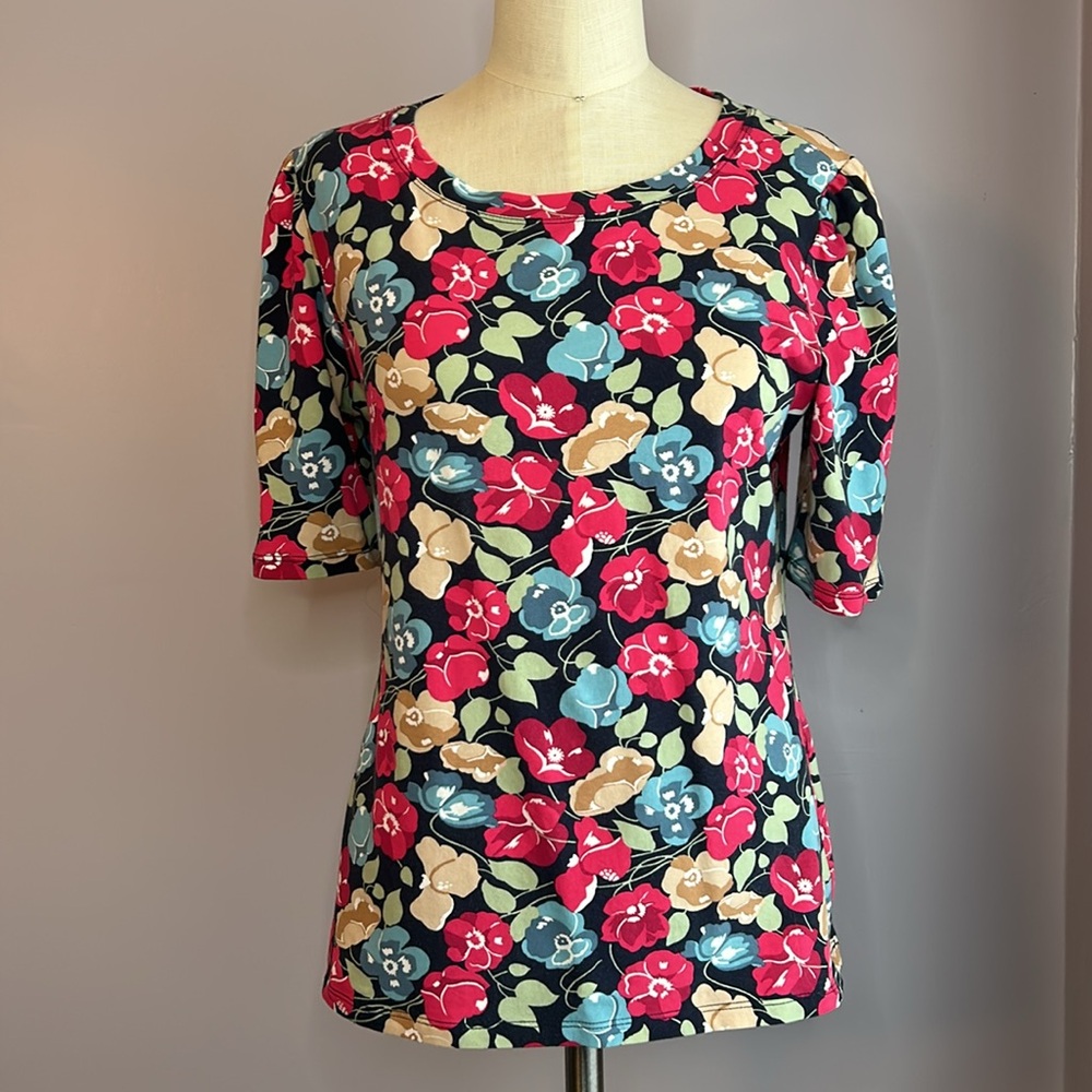 Ann Taylor Factory colorful red and blue floral top with short puff sleeves S
